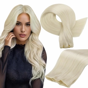Full Shine Genius Weft Hair Extensions Human Hair Blonde Hair Extensions Sew In Hand Tied Weft Extensions Sew In Extensions Real Human Hair 60G Remy Straight Hair Weft Add Length 24 Inch