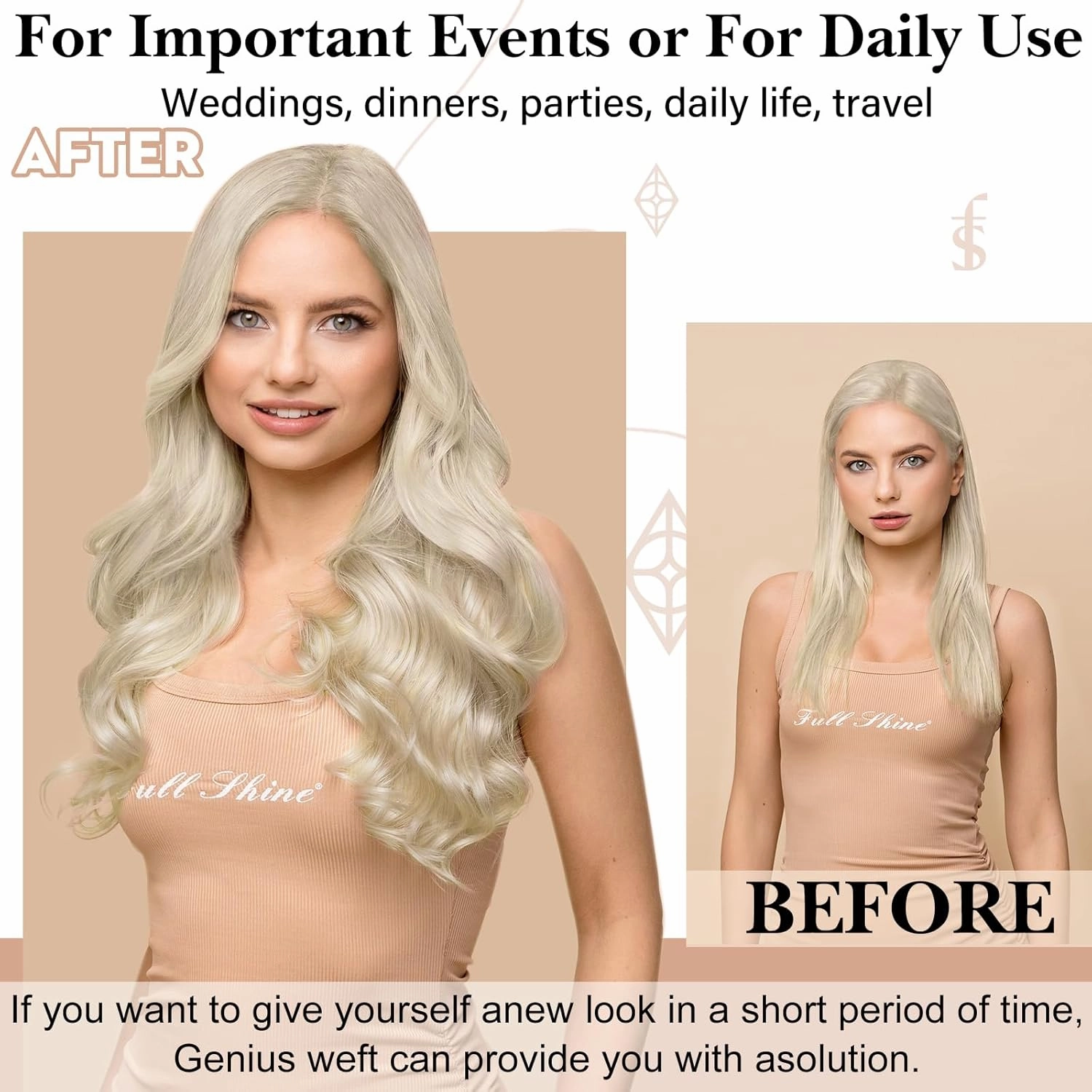 Full Shine Genius Weft Hair Extensions Human Hair Blonde Hair Extensions Sew In Hand Tied Weft Extensions Sew In Extensions Real Human Hair 60G Remy Straight Hair Weft Add Length 24 Inch