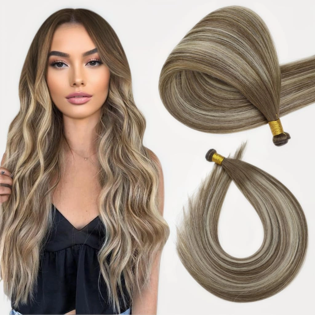 Full Shine Genius Weft Hair Extensions Ombre Chestnut Brown Highlights Platinum Blonde Hair Extensions Real Human Hair Sew In Hand Tied Weft Hair Extensions For Women 20 Inch 60G