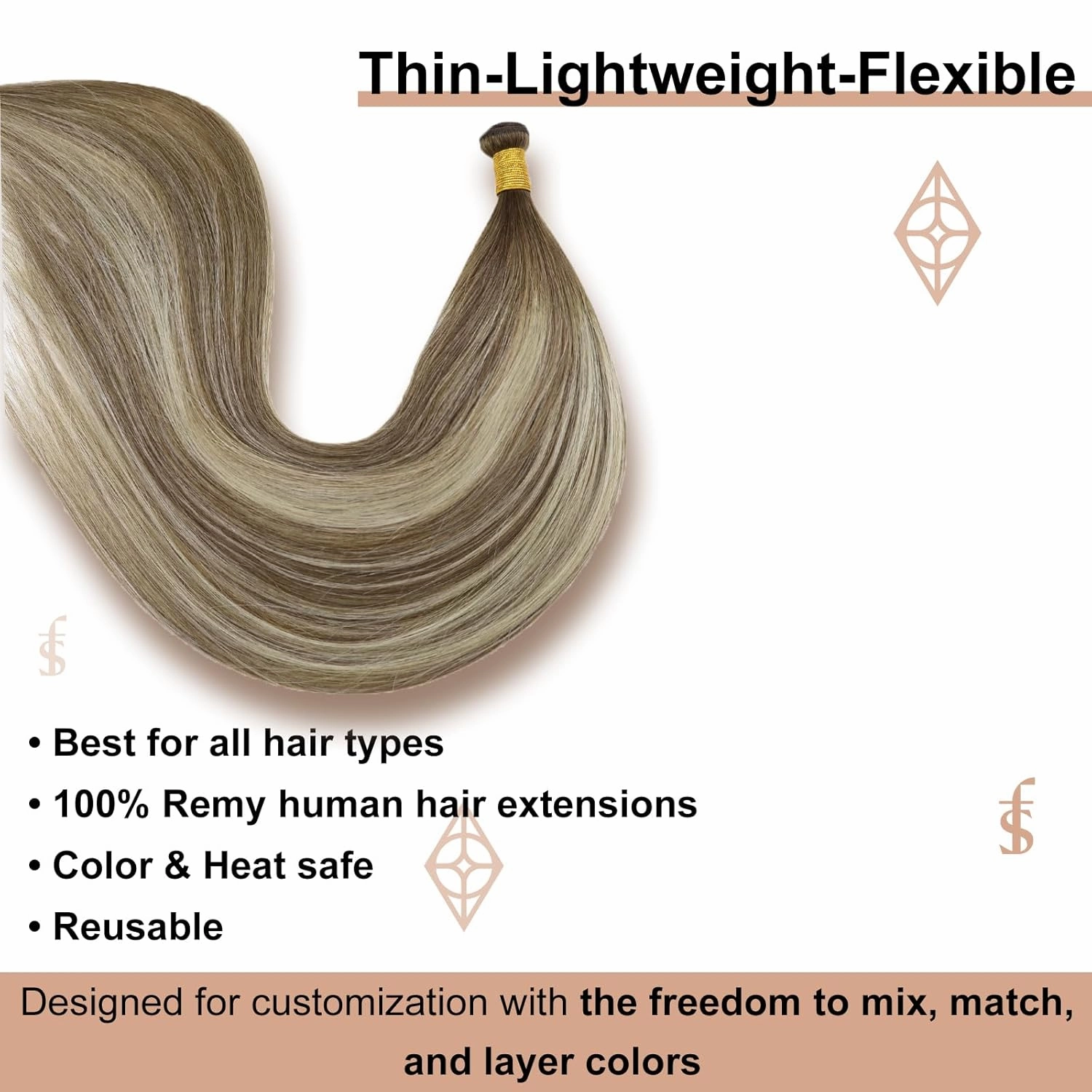 Full Shine Genius Weft Hair Extensions Ombre Chestnut Brown Highlights Platinum Blonde Hair Extensions Real Human Hair Sew In Hand Tied Weft Hair Extensions For Women 20 Inch 60G