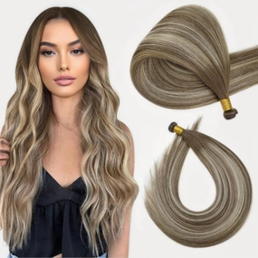 Full Shine Genius Weft Hair Extensions Ombre Chestnut Brown Highlights Platinum Blonde Hair Extensions Real Human Hair Sew In Hand Tied Weft Hair Extensions For Women 20 Inch 60G