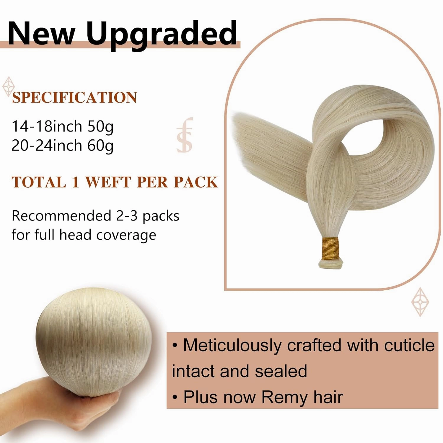 Full Shine Hand Tied Hair Extensions Human Hair Blonde Hair Weft Premium Remy Real Human Hair 60g Sew in Human Hair Extension Real Human Hair for Women #60 22 Inch