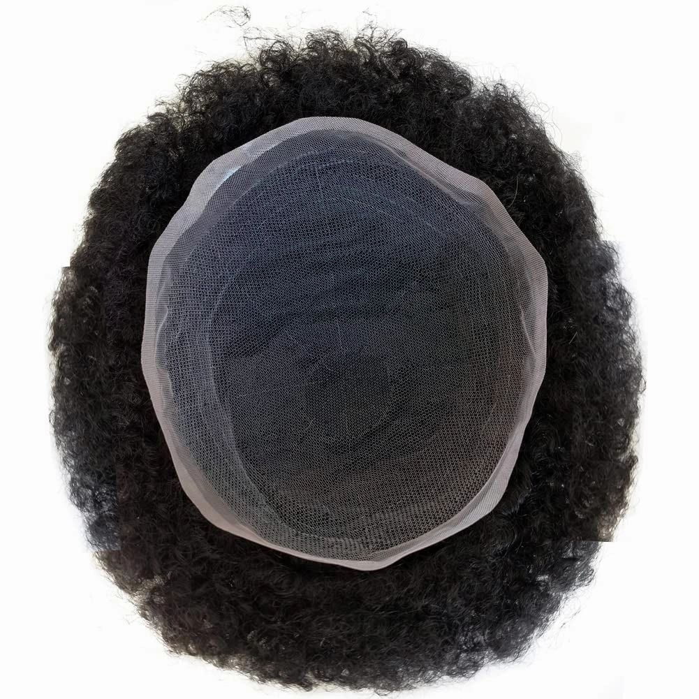 Full Swiss Lace Base Men Toupee with Human Hair Piece System 8"×10" Jet Black 1# Curly 12mm