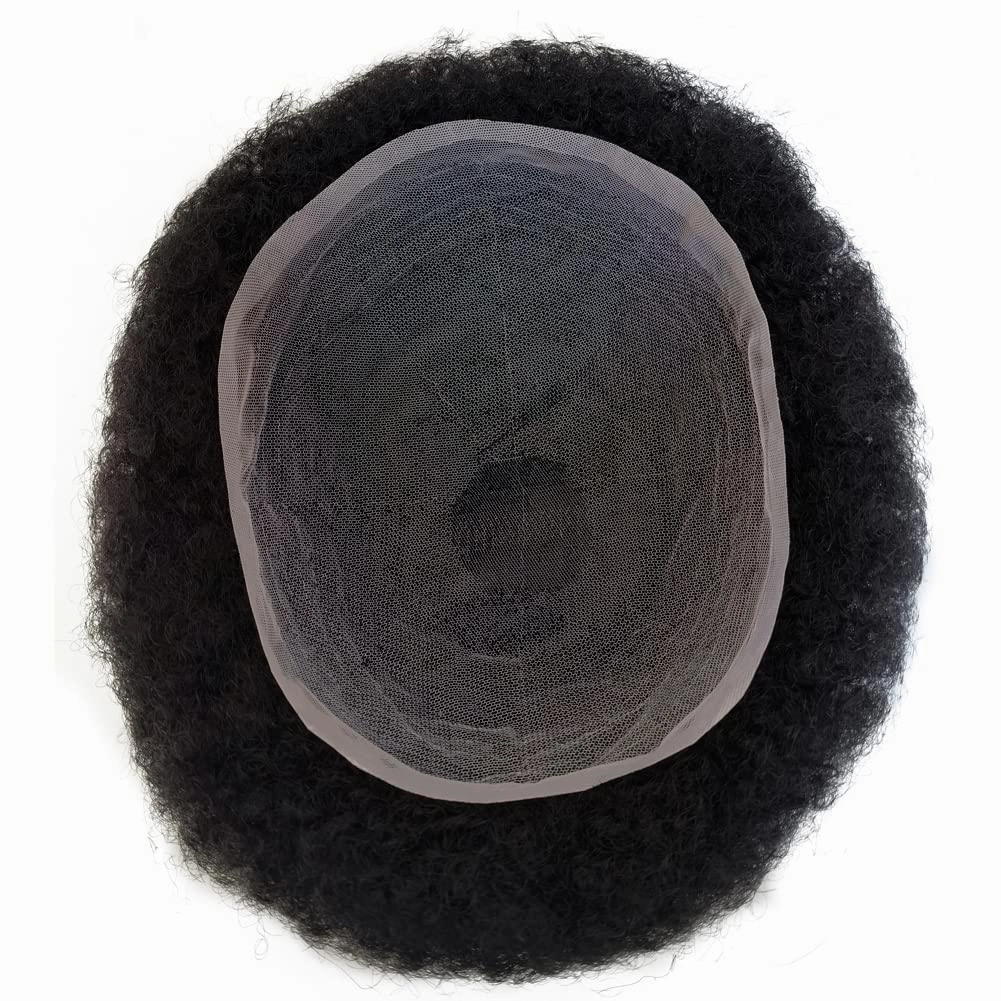 Full Swiss Lace Base Men Toupee with Human Hair Piece System 8"×10" Jet Black 1# Curly 6mm