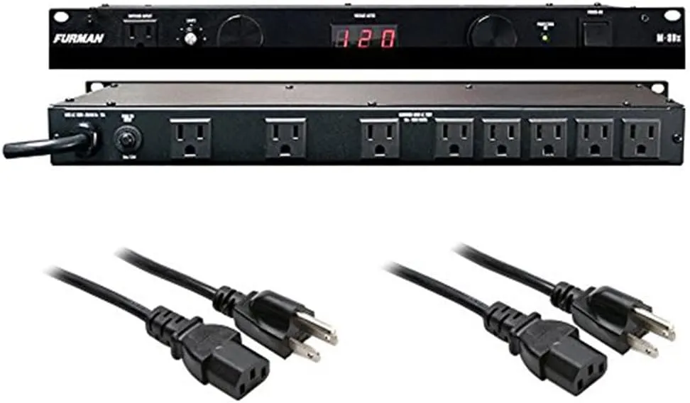 Furman M-8Dx Merit X Series 8 Outlet Power Conditioner & Surge Protector with LED Voltmeter & Dual Lights Plus Hosa 18 Gauge Electrical Extension Cable