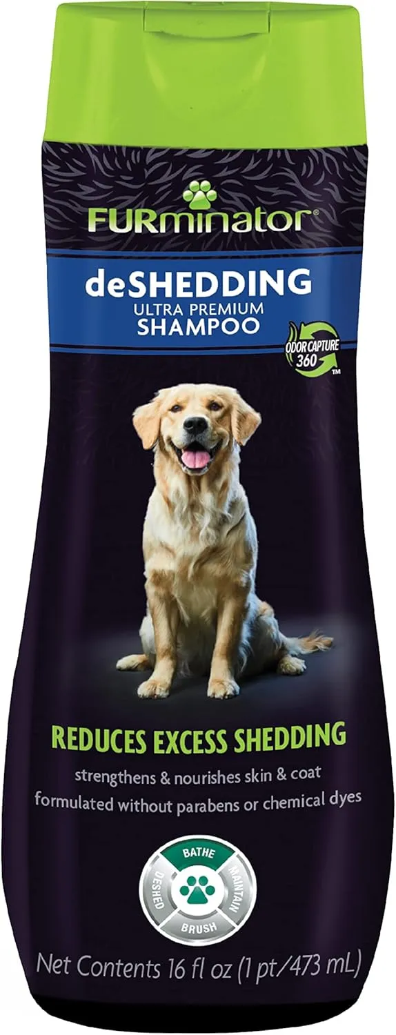 FURminator Medium Dog Undercoat deShedding Tool, Long Hair, Reduces Loose Hair from Shedding & Ultra Premium deShedding Shampoo for Dogs Helps Reduce Excess Shedding, 16 oz