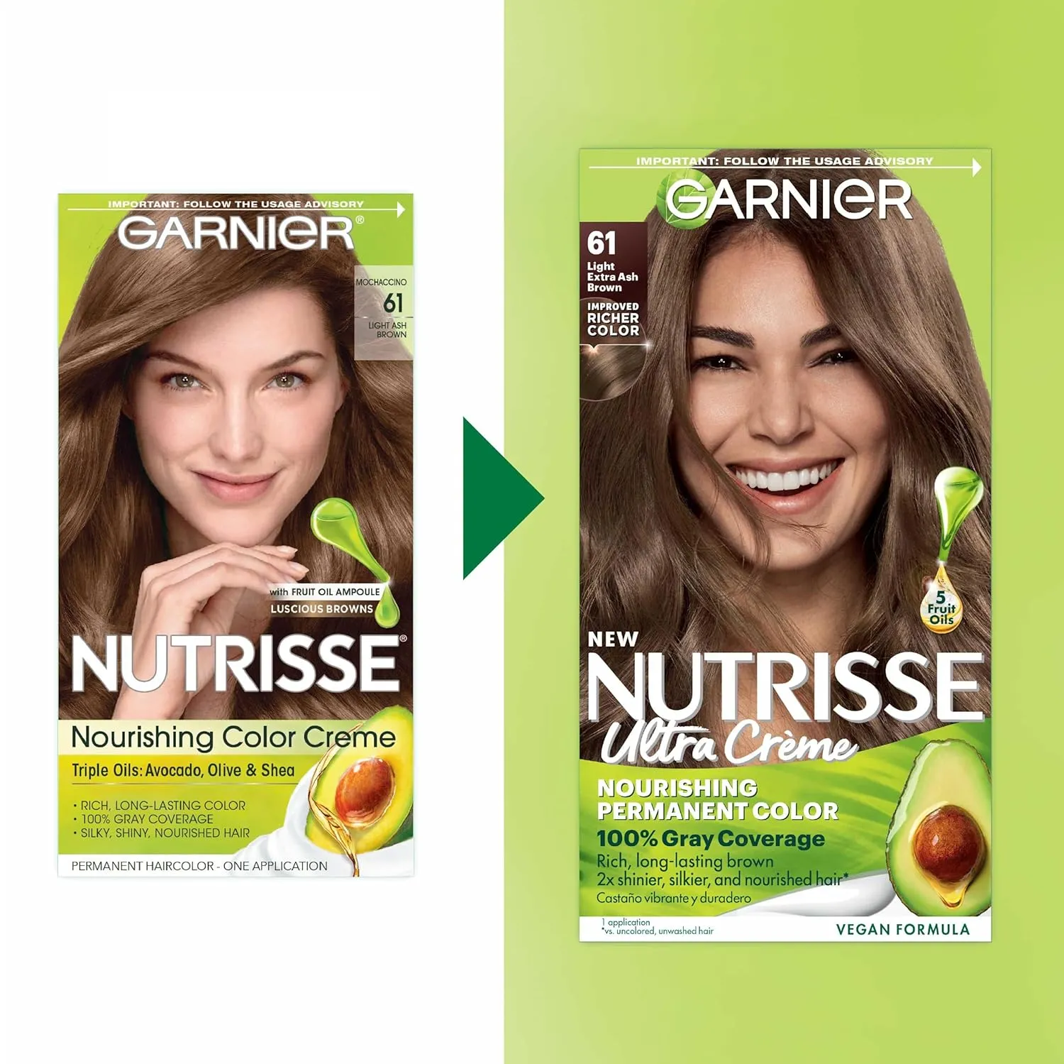 Garnier Hair Color Nutrisse Nourishing Creme, 61 Light Extra Ash Brown (Mochaccino) Permanent Hair Dye, 2 Count (Packaging May Vary)