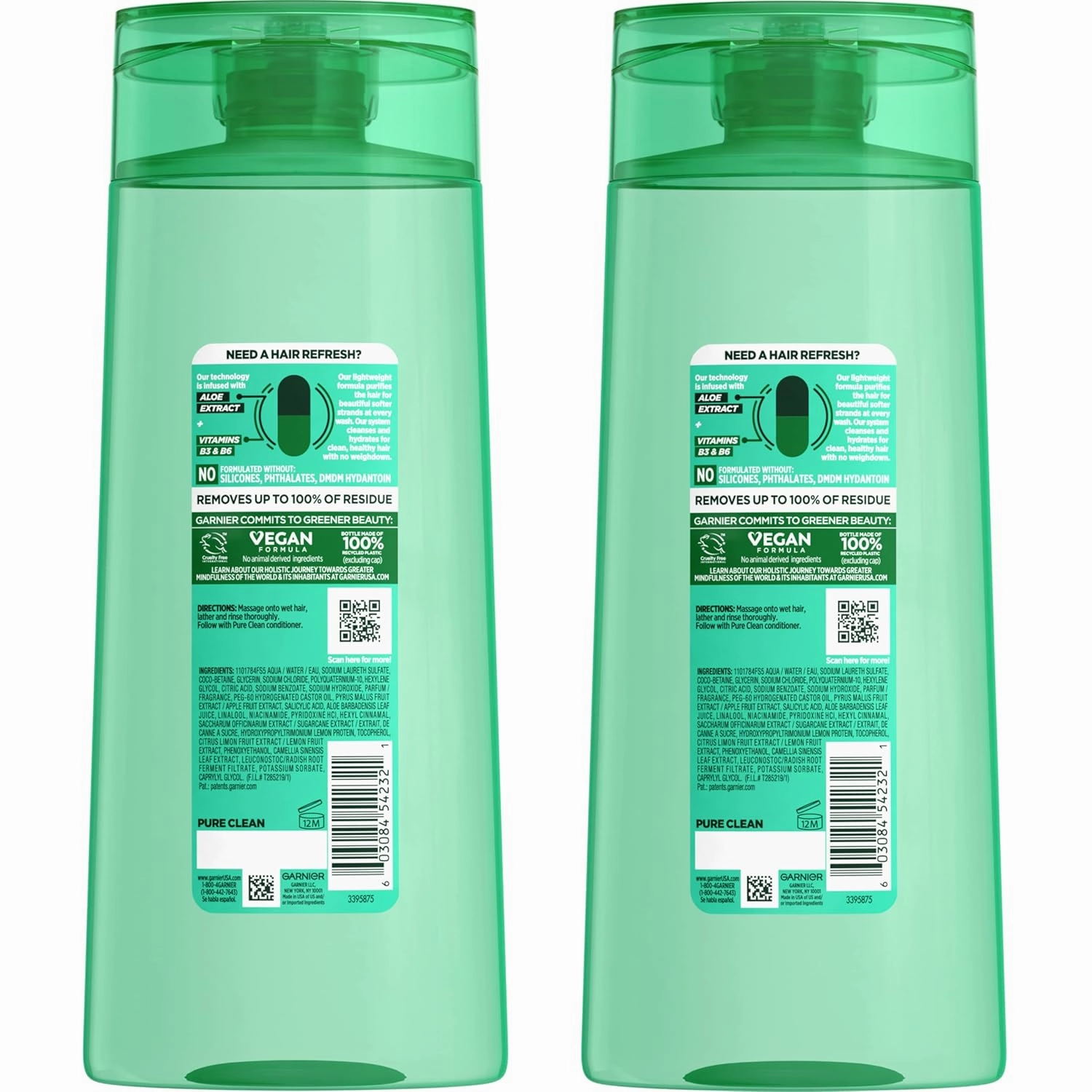 Garnier Fructis Pure Clean Purifying Shampoo, Silicone-Free, 22 Fl Oz, 2 Count (Packaging May Vary) (Pack of 2)