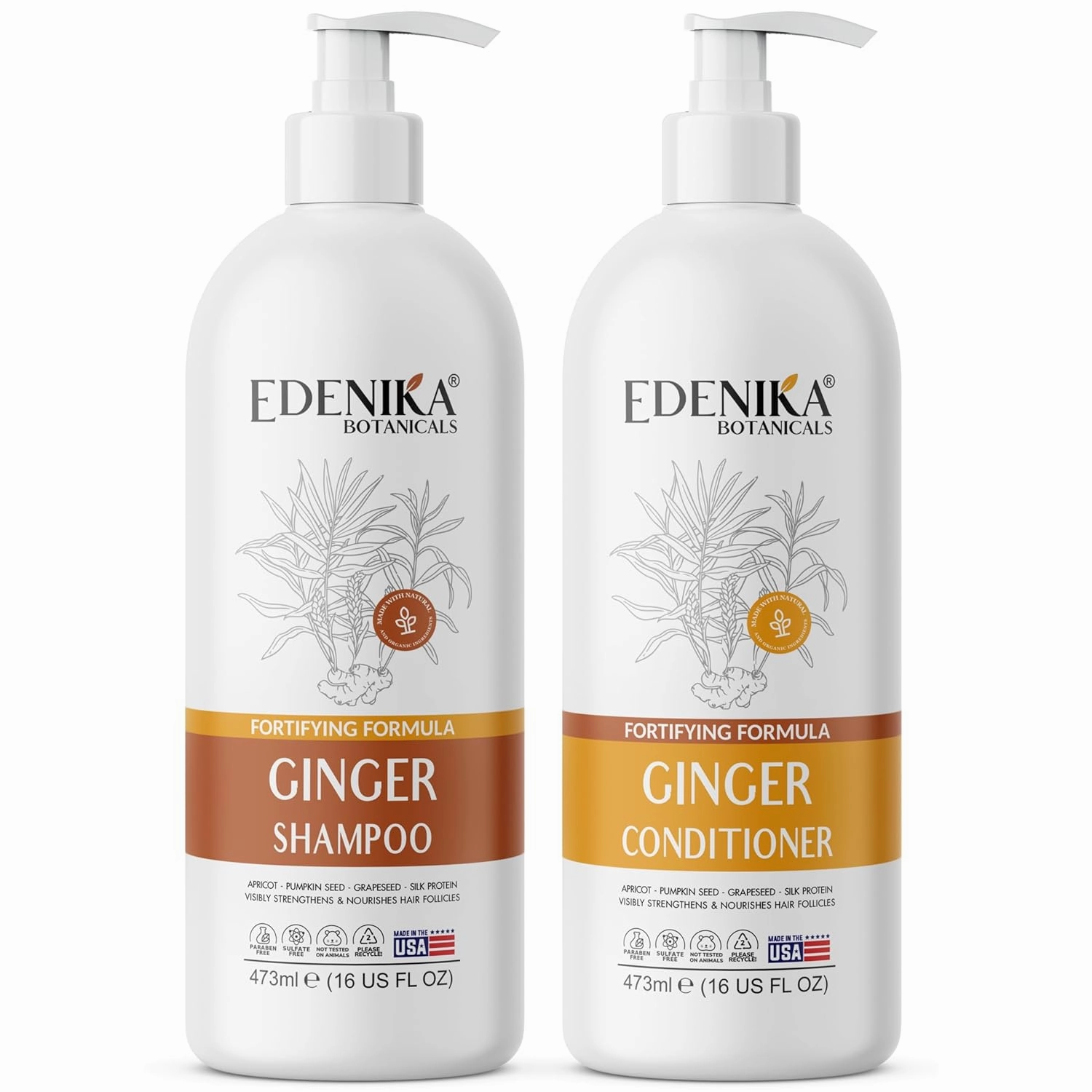 Ginger Shampoo and Conditioner Set, Fortifying Formula with Certified and Organic Ingredients Naturally Nourish, Smooth and Detangle Hair 16oz Each