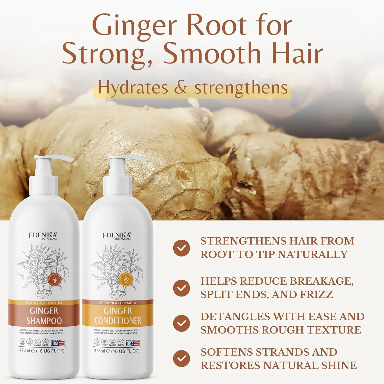 Ginger Shampoo and Conditioner Set, Fortifying Formula with Certified and Organic Ingredients Naturally Nourish, Smooth and Detangle Hair 16oz Each