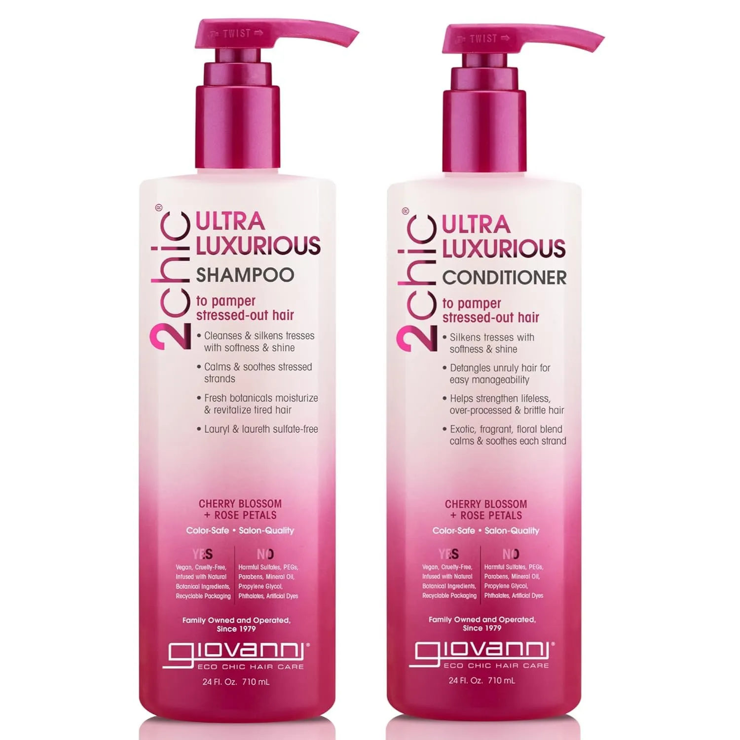 GIOVANNI 2chic Ultra-Luxurious Shampoo And Conditioner Set - Sulfate Free Shampoo And Conditioner, Rose Shampoo And Conditioner, Cherry Blossom, Silkens Tresses, Salon Quality, Vegan - 24 Fl Oz Each