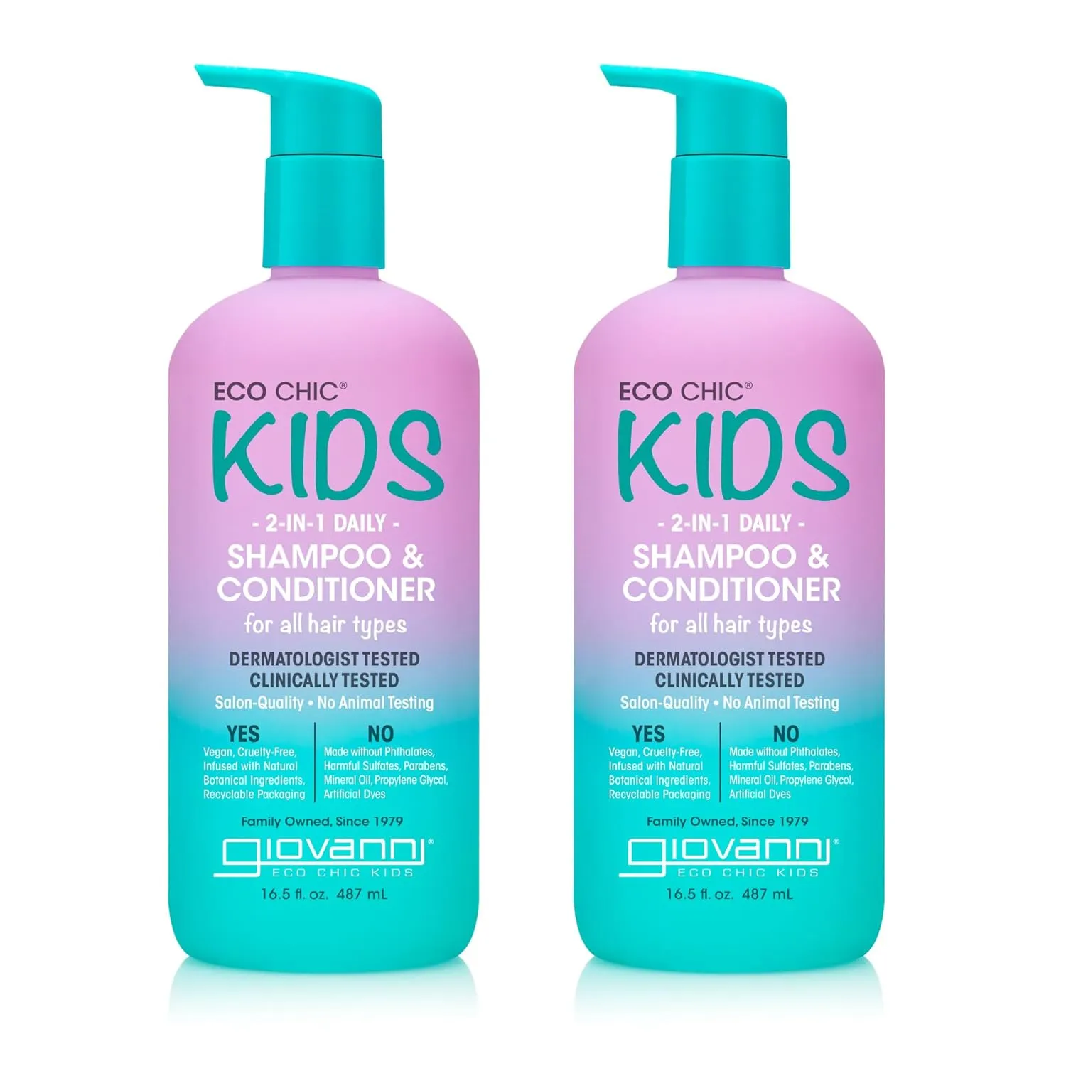 GIOVANNI Eco Chic Kids 2 in 1 Shampoo & Conditioner - For All Hair Types, Salon Quality, Gentle Formula - 16.5 Fl Oz (Pack of 2)