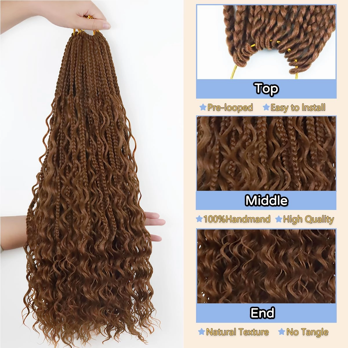 Goddess Box Braids Crochet Hair 24 Inch Pre-Looped Bohomian Crochet Braids 8 Packs Boho Box Braid Synthetic Braiding Hair Extensions (24inch, 30#)