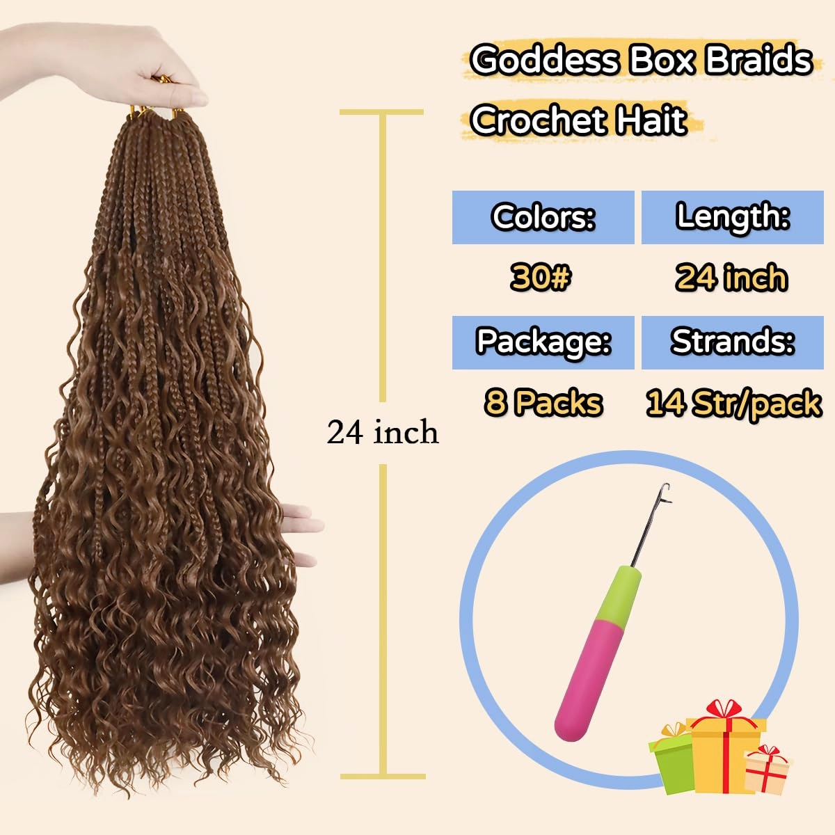Goddess Box Braids Crochet Hair 24 Inch Pre-Looped Bohomian Crochet Braids 8 Packs Boho Box Braid Synthetic Braiding Hair Extensions (24inch, 30#)
