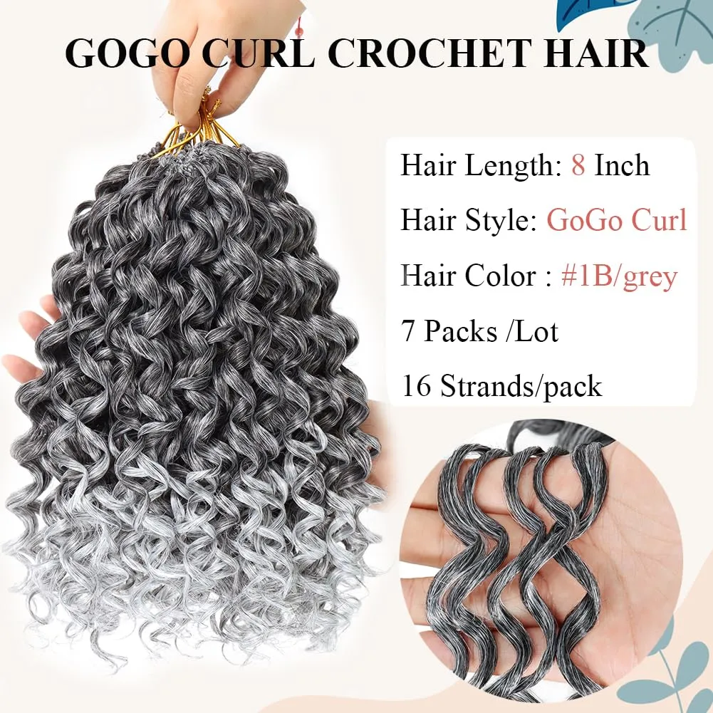 GoGo Curl Crochet Hair 7 Packs Water Wave Crochet Hair for Women 8 Inch Short Curly Crochet Braids Hair Grey Deep Wave Braiding Hair for Boho Braids (8 Inch, 1B/Grey)