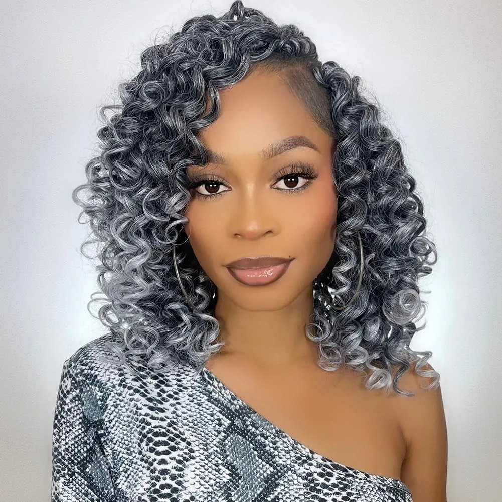 GoGo Curl Crochet Hair 7 Packs Water Wave Crochet Hair for Women 8 Inch Short Curly Crochet Braids Hair Grey Deep Wave Braiding Hair for Boho Braids (8 Inch, 1B/Grey)