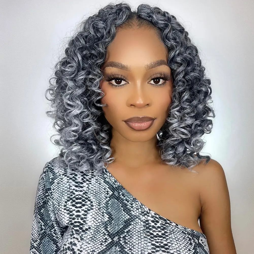 GoGo Curl Crochet Hair 7 Packs Water Wave Crochet Hair for Women 8 Inch Short Curly Crochet Braids Hair Grey Deep Wave Braiding Hair for Boho Braids (8 Inch, 1B/Grey)