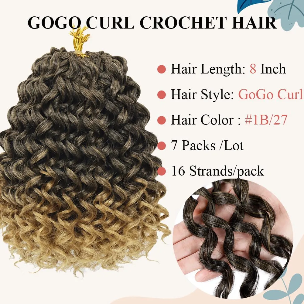 GoGo Curl Crochet Hair 7 Packs Water Wave Crochet Hair for Women 8 Inch Short Curly Crochet Braids Hair Ombre Light Brown Deep Wave Braiding Hair for Boho Braids (8 Inch, 1B/27)