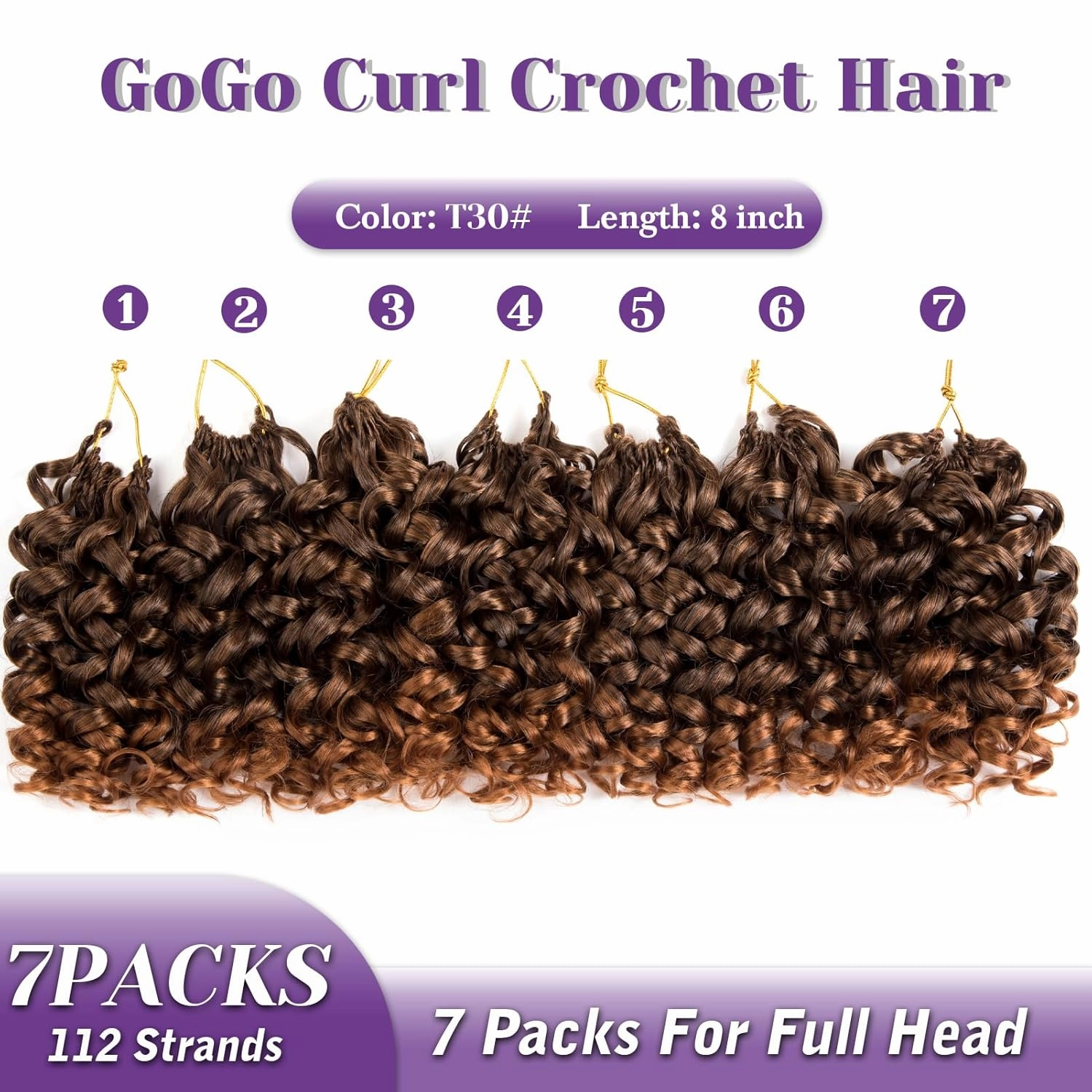 GoGo Curl Crochet Hair Ombre Brown Curly Braids for Women 8 Inch 7 Packs Short Beach Ocean Deep Twist Synthetic Extensions T30#