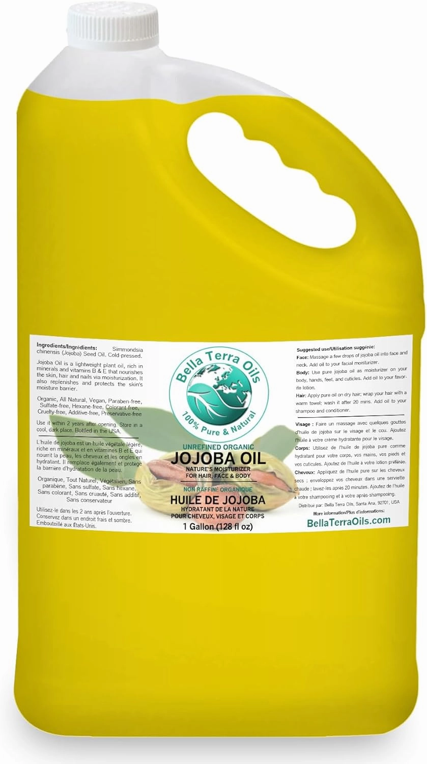 Golden Jojoba Oil – 1 Gallon, Non-Comedogenic with Vitamin E & Natural Fatty Acids for Hair & Skin. Bella Terra Oils