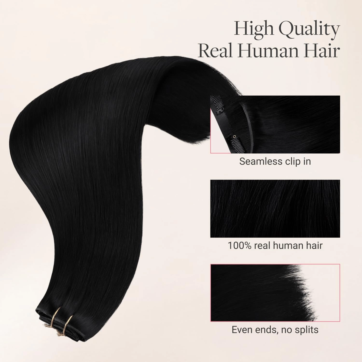 GOO GOO Genius Clip in Hair Extensions, 14inch 110g 7pcs, Seamless PU Clip in Hair Extensions, Virgin Real Human Hair, #1 Jet black