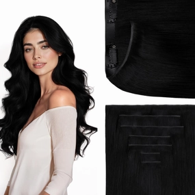 GOO GOO Genius Clip in Hair Extensions, 14inch 110g 7pcs, Seamless PU Clip in Hair Extensions, Virgin Real Human Hair, #1 Jet black