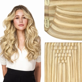 GOO GOO Genius Clip in Hair Extensions, 14inch 110g 7pcs, Seamless PU Clip in Hair Extensions, Virgin Real Human Hair, #P16/22A Light Blonde Highlighted Golden Blonde
