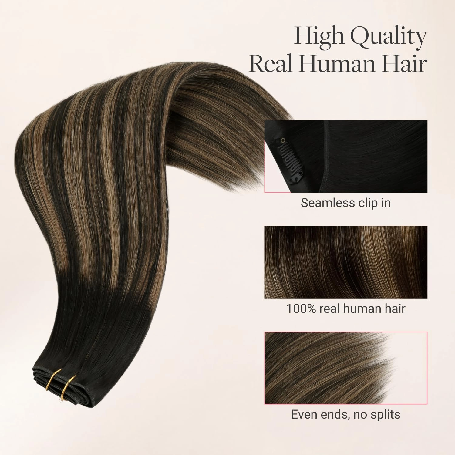 GOO GOO Genius Clip in Hair Extensions, 14inch 110g 7pcs, Seamless PU Clip in Hair Extensions, Virgin Real Human Hair, #(T1B/6) P1B Natural Black to Chestnut Brown