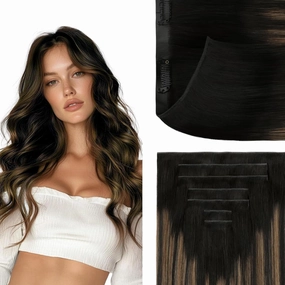 GOO GOO Genius Clip in Hair Extensions, 14inch 110g 7pcs, Seamless PU Clip in Hair Extensions, Virgin Real Human Hair, #(T1B/6) P1B Natural Black to Chestnut Brown