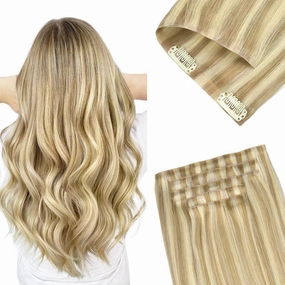 GOO GOO Invisi Edge Clip in Hair Extensions 20inch 150g 7Pcs Injected Seamless PU Clip in Hair Extensions, Virgin Real Human Hair, 16/22 Light Blonde Highlighted Golden Blonde