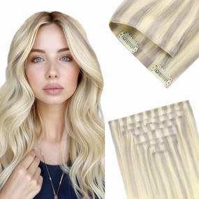 GOO GOO Invisi Edge Clip in Hair Extensions 20inch 150g 7Pcs Injected Seamless PU Clip in Hair Extensions, Virgin Real Human Hair, 17/22/60 Balayage Ash Blonde