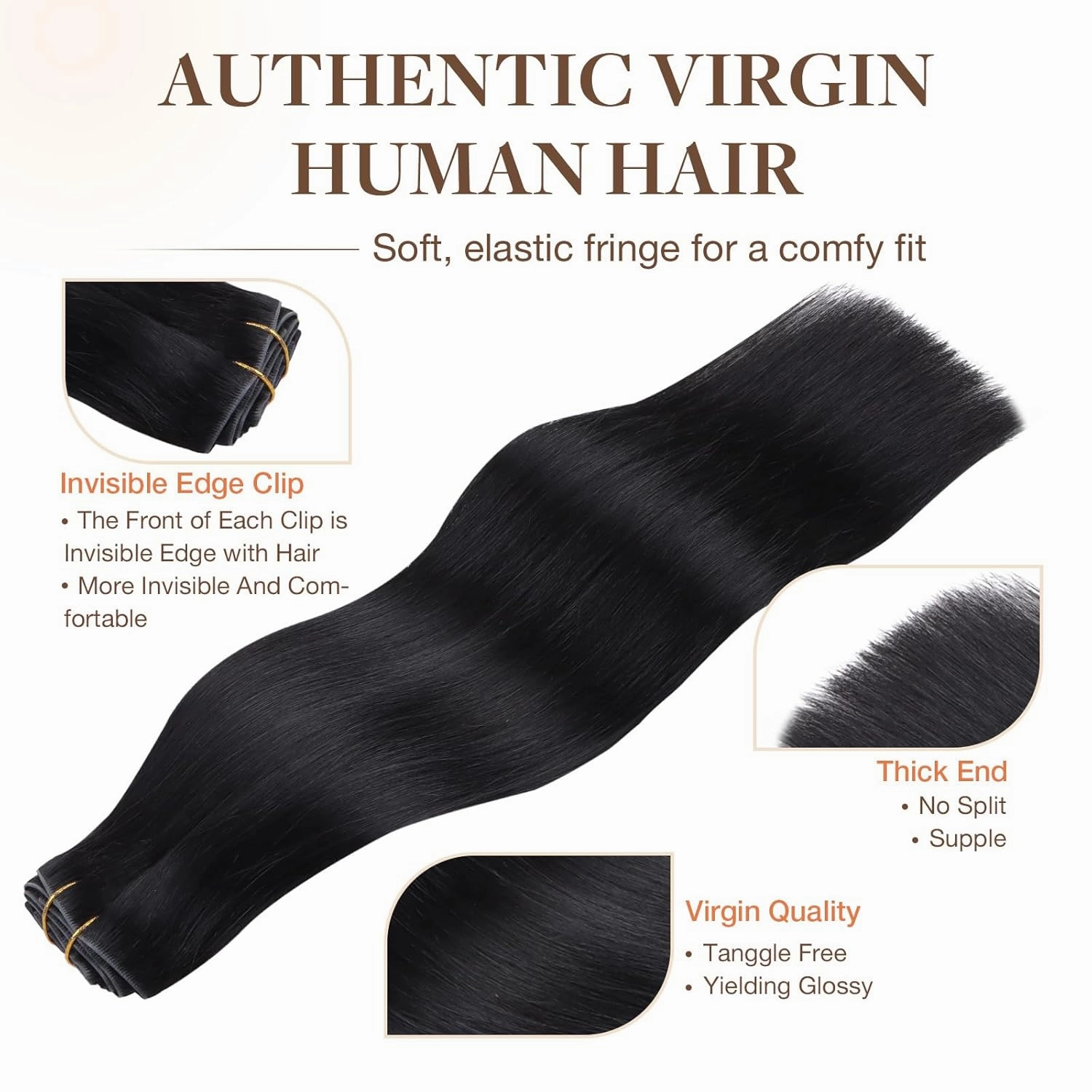 GOO GOO Invisi Edge Clip in Hair Extensions 20inch 150g 7Pcs Injected Seamless PU Clip in Hair Extensions, Virgin Real Human Hair, 1 Jet Black