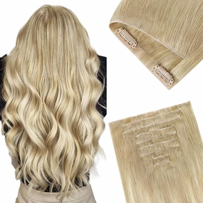GOO GOO Invisi Edge Clip in Hair Extensions, 20inch 150g 7Pcs, Injected Seamless PU Clip in Hair Extensions, Virgin Real Human Hair, #18ET90A Natural Blonde Balayage