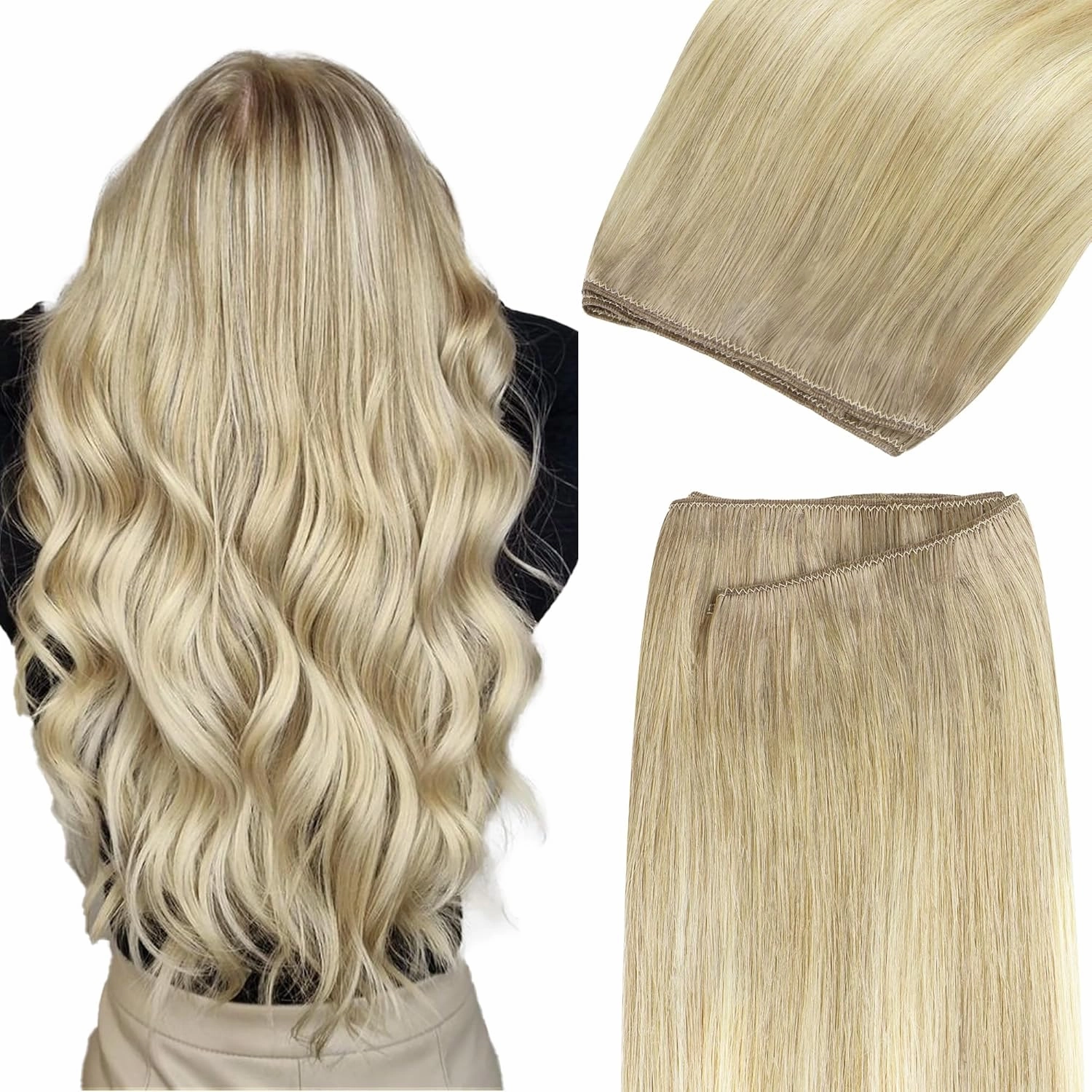 GOO GOO Sew in Hair Extensions Real Human Hair, Weft Hair Extensions Human Hair, 18ET90A Natural Blonde Balayage 14Inch 80g, Weft Bundles Straight Silky Remy Hair