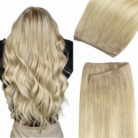 GOO GOO Sew in Hair Extensions Real Human Hair, Weft Hair Extensions Human Hair, 18ET90A Natural Blonde Balayage 14Inch 80g, Weft Bundles Straight Silky Remy Hair