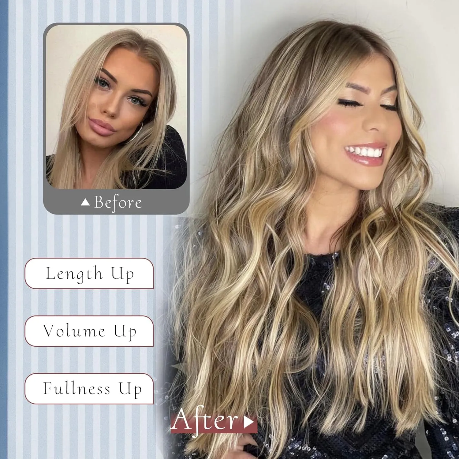 GOWIT Ash Medium Brown Mixed Ash Blonde Hair Extensions Invisible Wire Hair Extension 4 Secure Clips ins Long Wavy Hair Extensions Synthetic Hairpiece for Women 16 inch