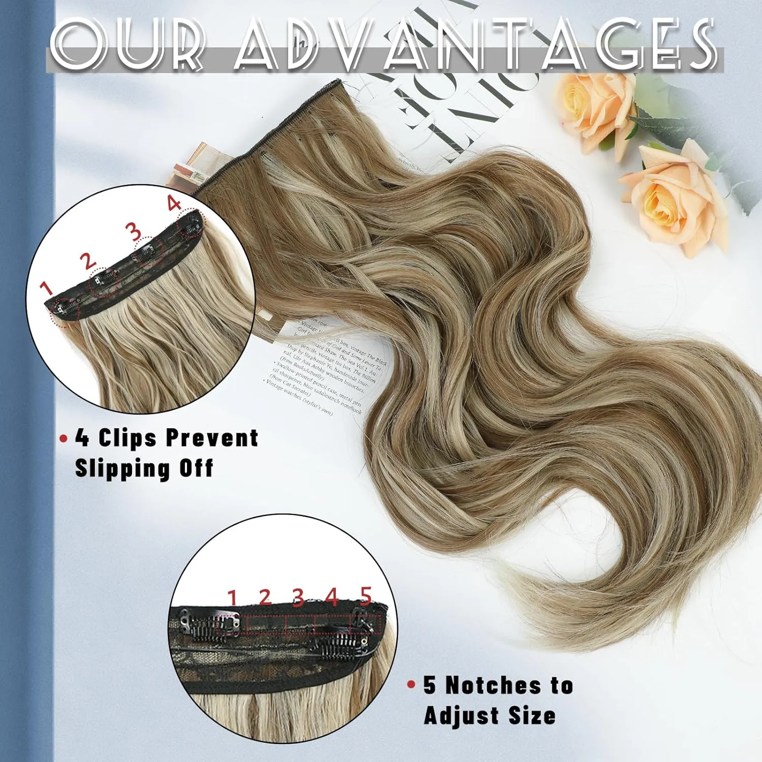 GOWIT Ash Medium Brown Mixed Ash Blonde Hair Extensions Invisible Wire Hair Extension 4 Secure Clips ins Long Wavy Hair Extensions Synthetic Hairpiece for Women 16 inch