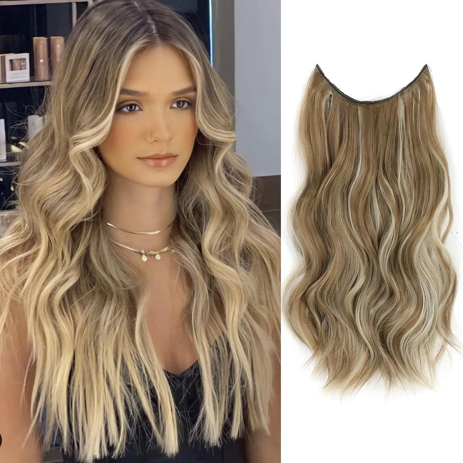 GOWIT Ash Medium Brown Mixed Ash Blonde Hair Extensions Invisible Wire Hair Extension 4 Secure Clips ins Long Wavy Hair Extensions Synthetic Hairpiece for Women 16 inch