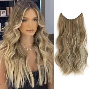 GOWIT Ash Medium Brown Mixed Ash Blonde Hair Extensions Invisible Wire Hair Extension 4 Secure Clips ins Long Wavy Hair Extensions Synthetic Hairpiece for Women 16 inch