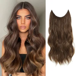 GOWIT Brown Hair Extensions Invisible Wire Hair Extensions with Removable Transparent Adjustable Headband 20 inch Long Wavy Hairpiece for Women 4 Secure Clips Ins