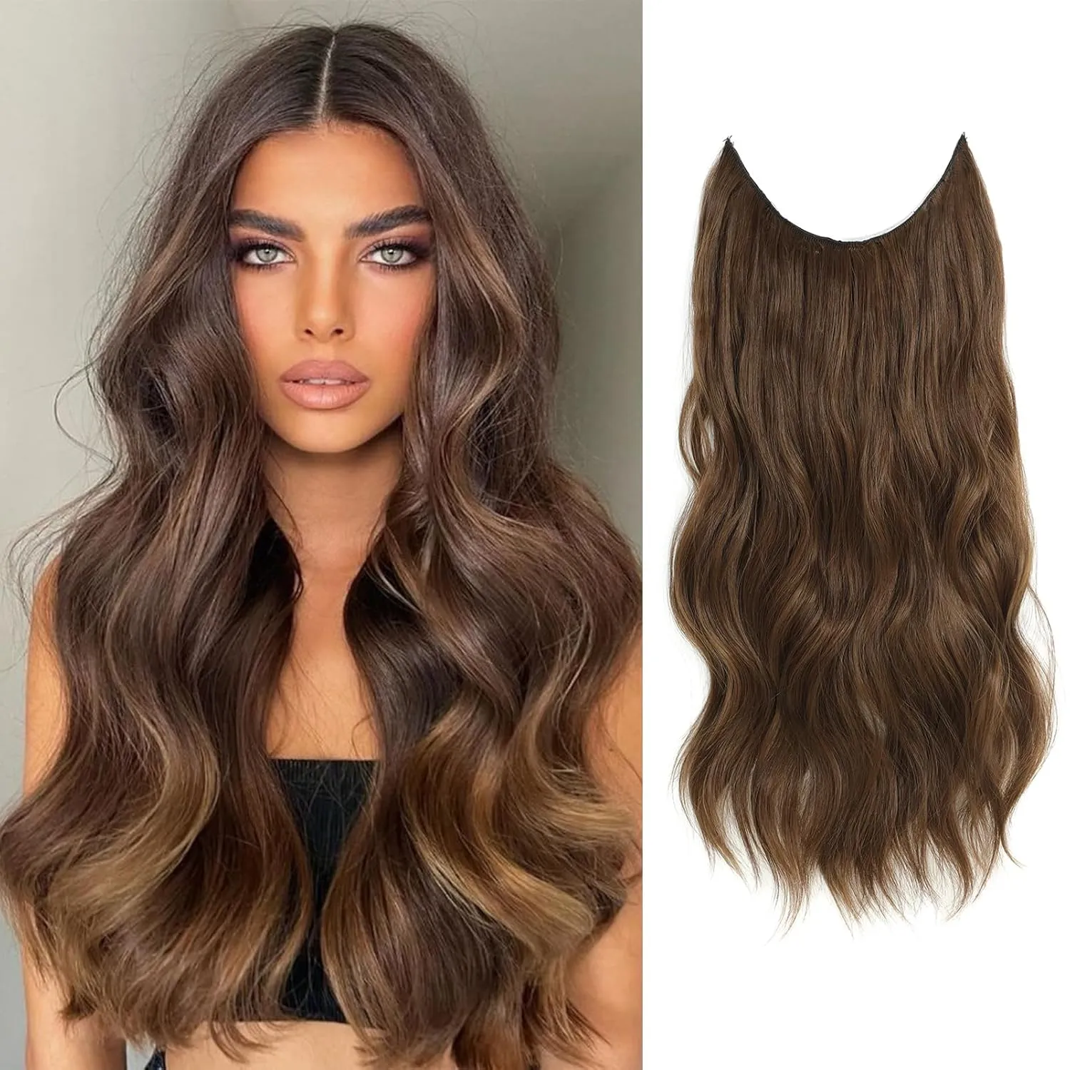 GOWIT Brown Hair Extensions Invisible Wire Hair Extensions with Removable Transparent Adjustable Headband 20 inch Long Wavy Hairpiece for Women 4 Secure Clips Ins