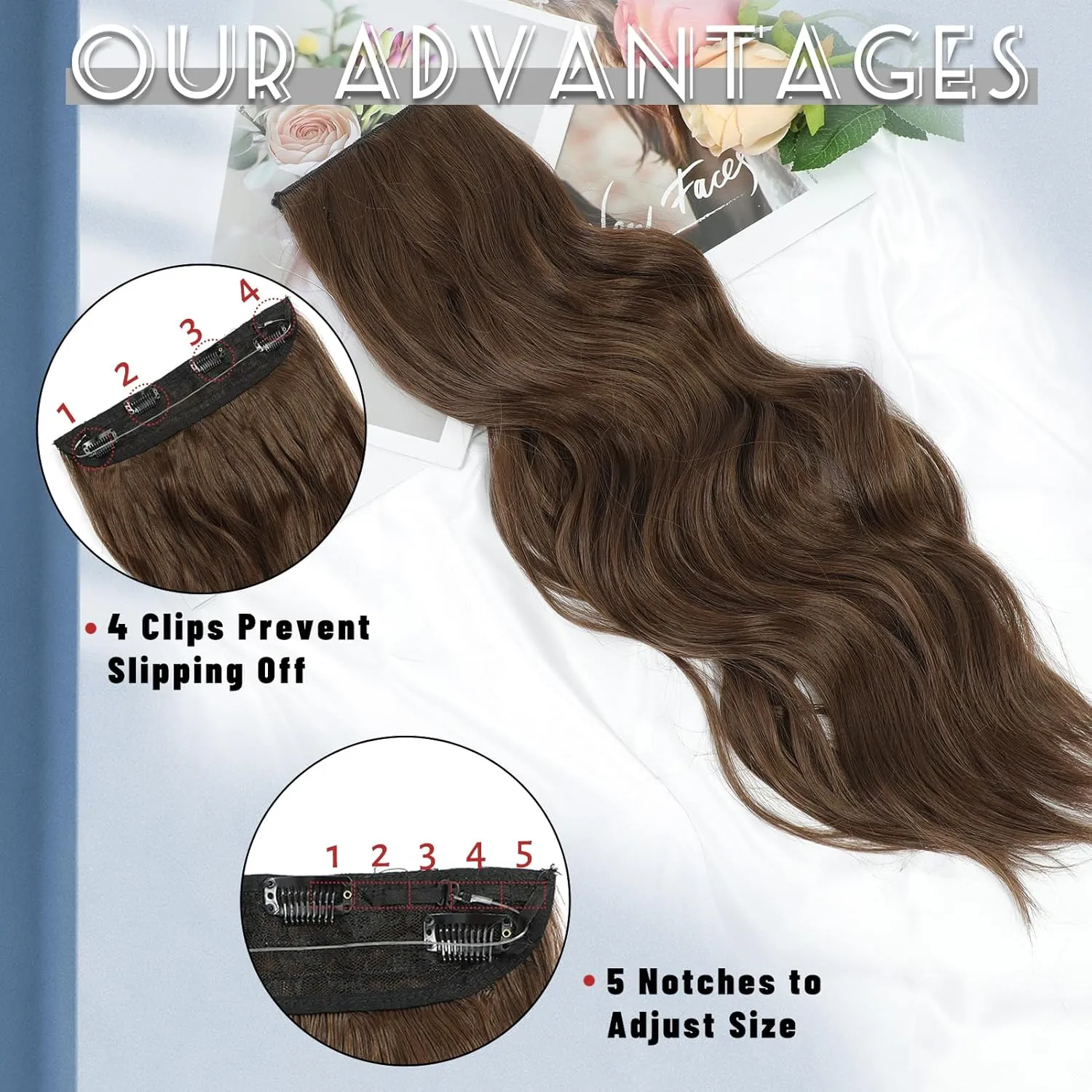 GOWIT Brown Hair Extensions Invisible Wire Hair Extensions with Removable Transparent Adjustable Headband 20 inch Long Wavy Hairpiece for Women 4 Secure Clips Ins