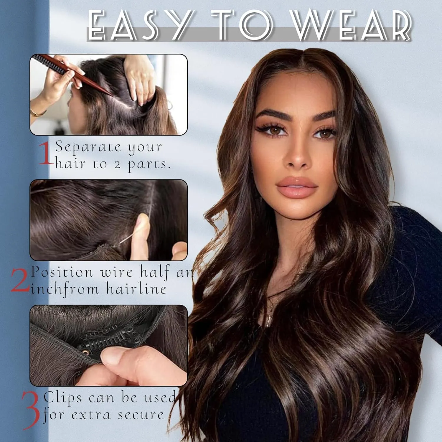 GOWIT Brown Hair Extensions Invisible Wire Hair Extensions with Removable Transparent Adjustable Headband 20 inch Long Wavy Hairpiece for Women 4 Secure Clips Ins