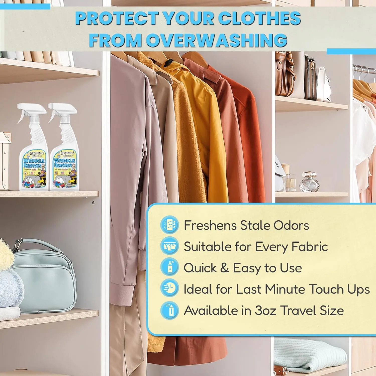 Grandma's Secret Wrinkle Remover - Wrinkle Release Spray, Odor Eliminator, and Fabric Refresher Spray - Chlorine and Bleach Free - 16 oz & 3 oz Travel Size Combo