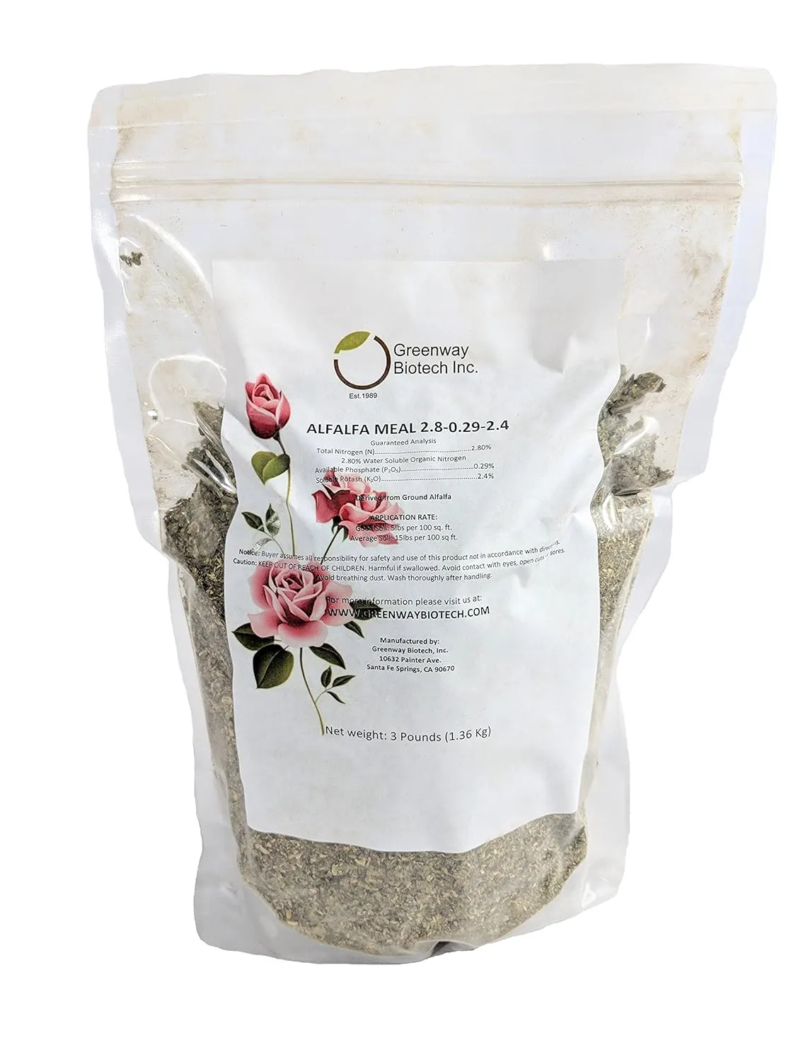 Greenway Biotech Alfalfa Meal 2.80-0.29-2.40- Rose, Flower, Plant & Vegetables Fertilizer with Essentials Minerals, & Nitrogen- Ideal for Alkaline Plants-3 Pounds