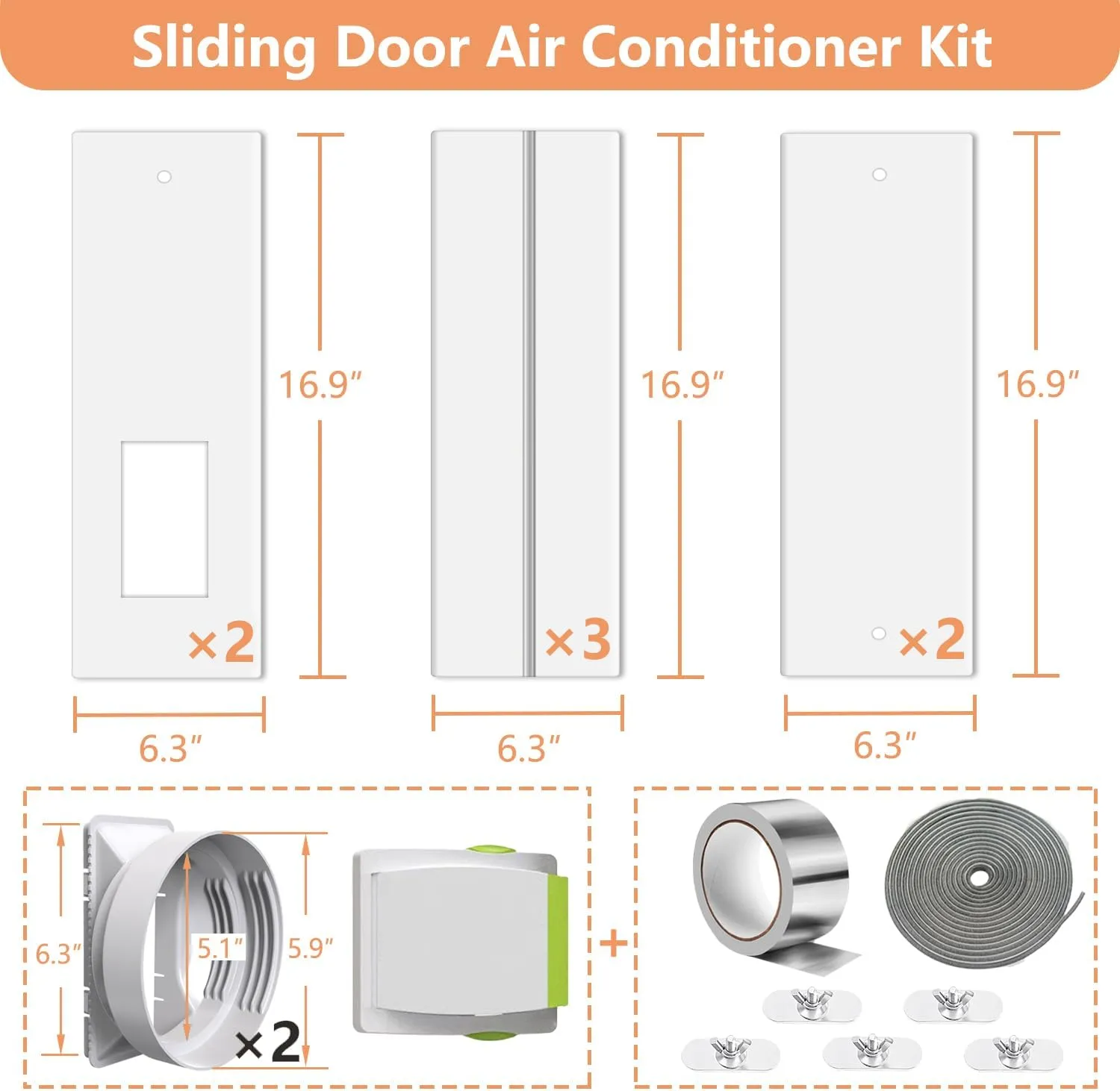 Gulrear 95" Sliding Door AC Vent Kit for Dual Hose Portable Air Conditioner with Security Lock & 2 weather strippings Energy Saving Airtight Universal 5.0/5.9"Hose Coupler Portable AC sliding door Kit