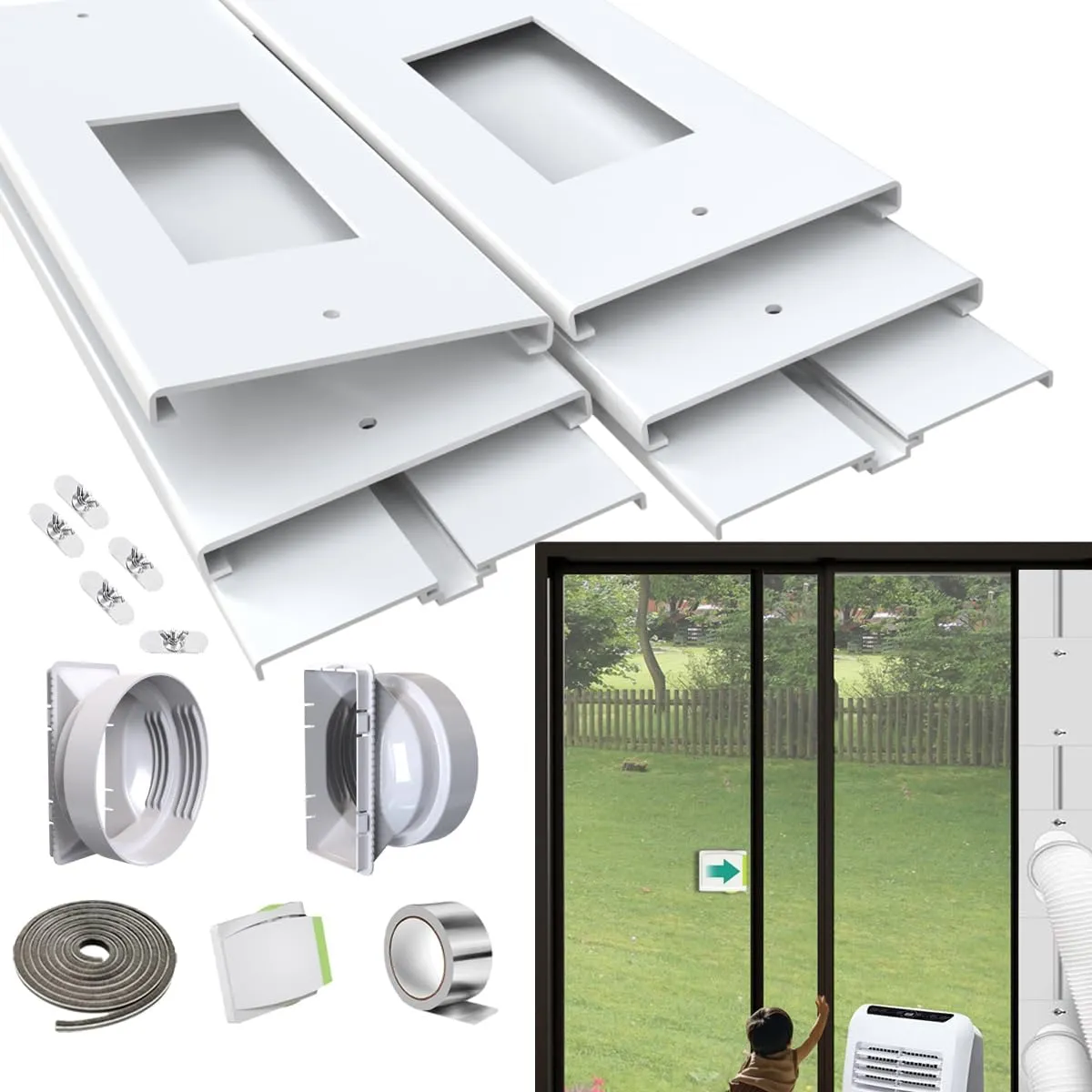 Gulrear 95" Sliding Door AC Vent Kit for Dual Hose Portable Air Conditioner with Security Lock & 2 weather strippings Energy Saving Airtight Universal 5.0/5.9"Hose Coupler Portable AC sliding door Kit