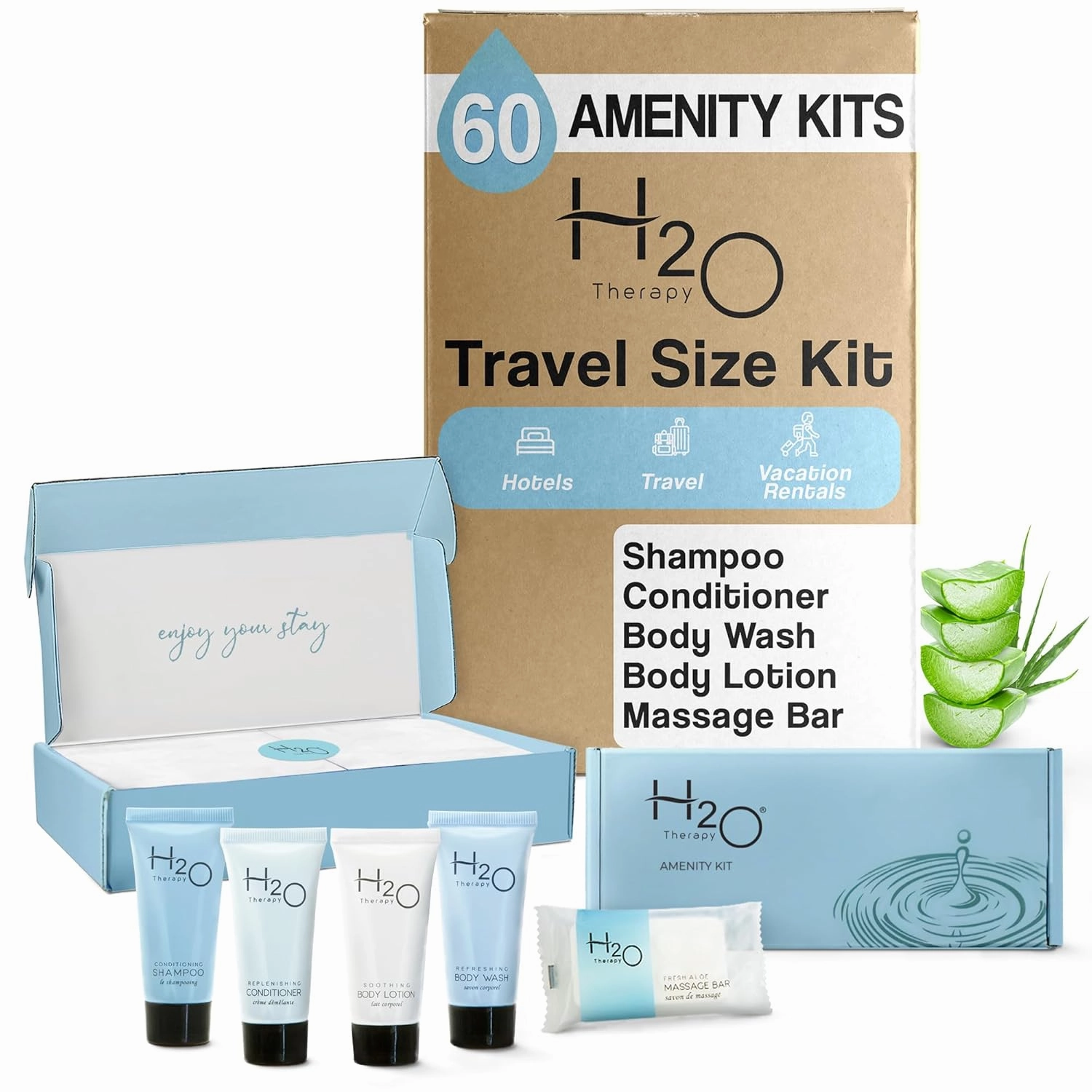H2O Therapy Amenity Kit | Hotel Bulk Toiletries | 0.85 oz Shampoo, Conditioner, Lotion, Body Wash, Body Bar Soap for Guest Hospitality Vacation Rentals | 60 Sets/Case