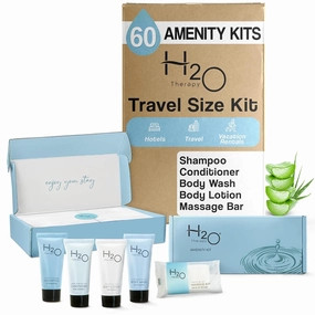 H2O Therapy Amenity Kit | Hotel Bulk Toiletries | 0.85 oz Shampoo, Conditioner, Lotion, Body Wash, Body Bar Soap for Guest Hospitality Vacation Rentals | 60 Sets/Case