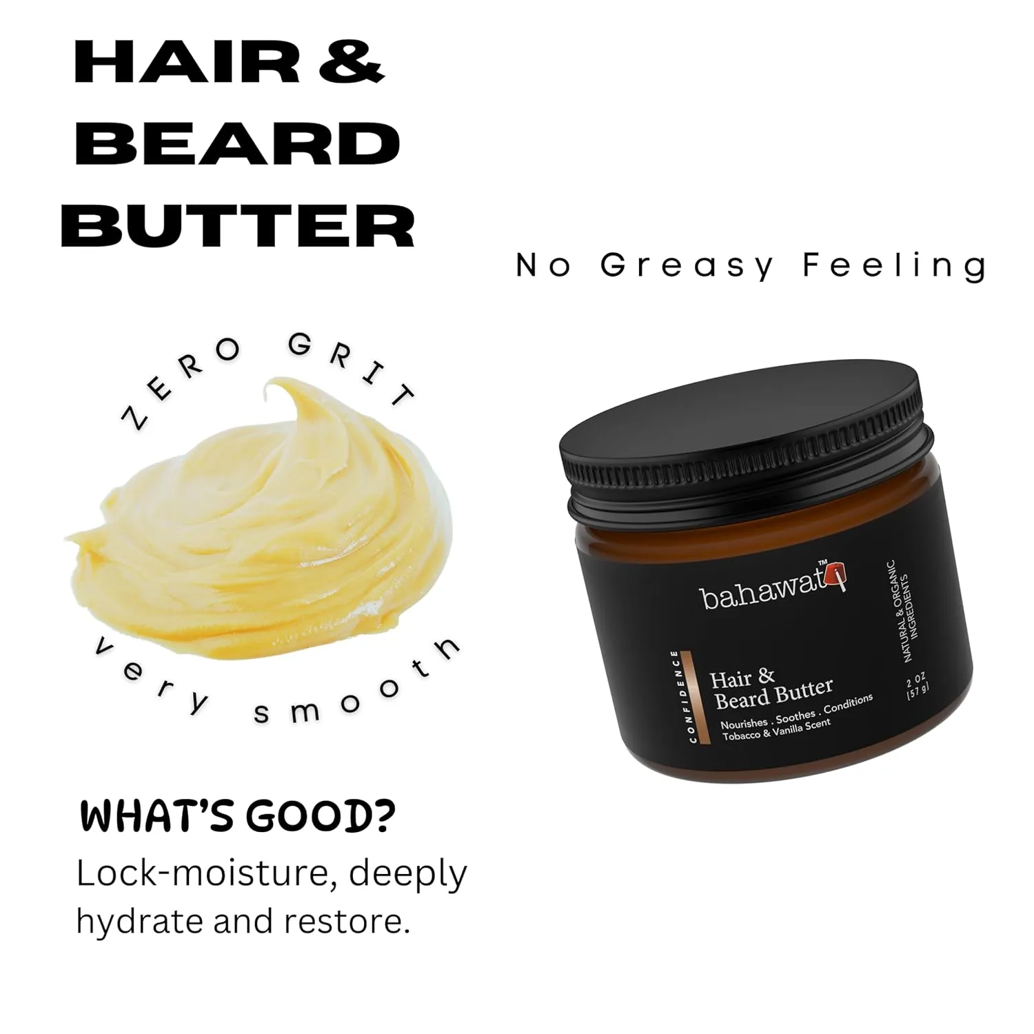 Hair & Beard Butter for Men Leave-in Conditioner - Tobacco & Vanilla - Strengthen & Soften While Relieving Itch – Made in USA -Organic Natural Ingredients | The Best Beard Butter - 2 oz.